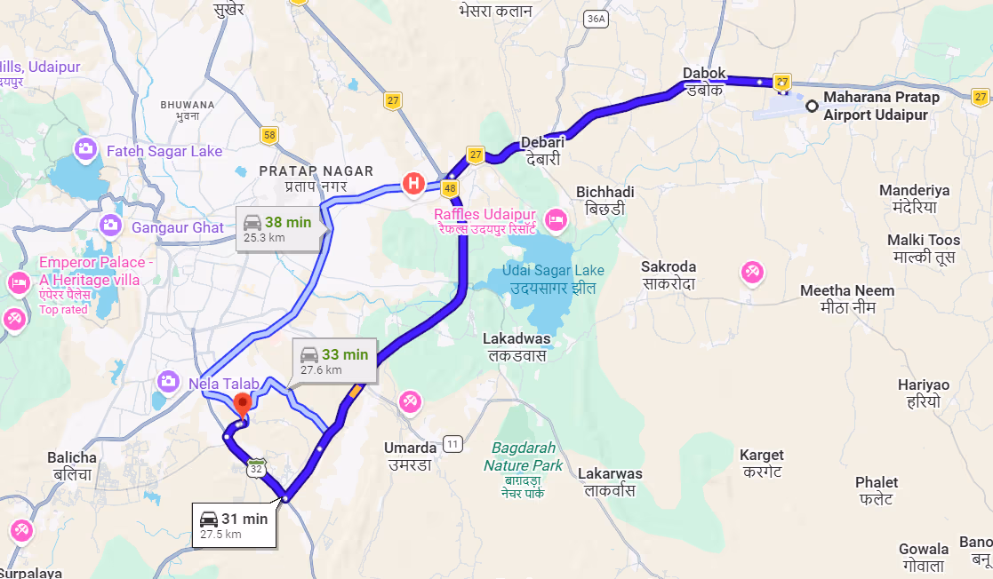 Route map showing the journey from Maharana Pratap Airport through Udaipur towards Shikargarh Palace.