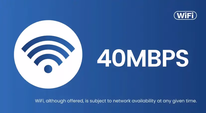 Blue Wi-Fi graphic displaying “40 Mbps” and a note that connectivity is subject to network availability.